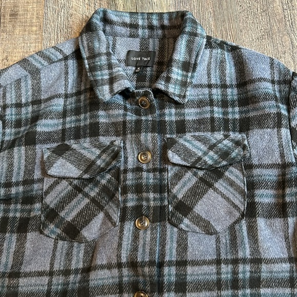 Love Tree Womens Fleece Plaid Oversized Shacket Jacket Long Sleeve Medium Blue - Picture 3 of 9